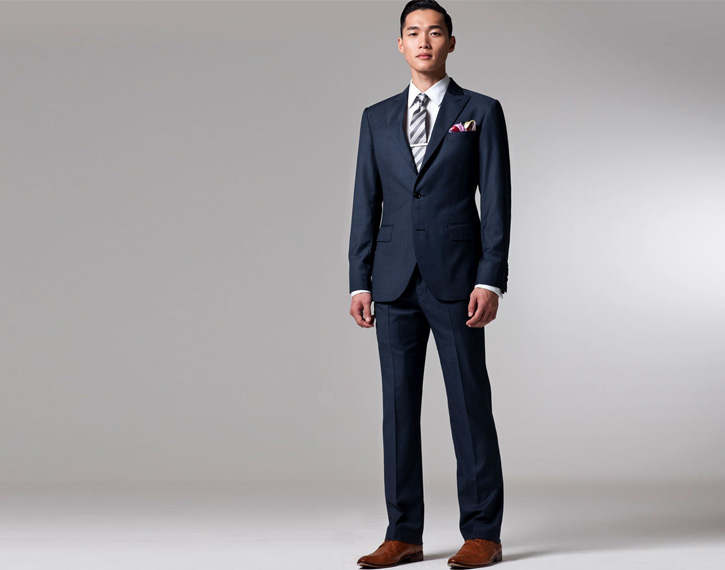 西服定制 定做西服  男士藏蓝色两粒扣棉毛混纺西服   领型